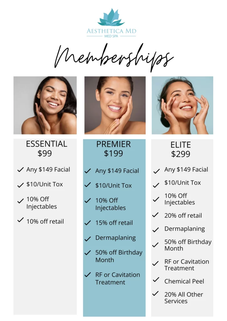 Essential, Premier, Elite Memberships plans | Aesthetica MD MED SPA