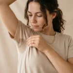 Woman checking underarm sweat before Botox treatment for Hyperhidrosis