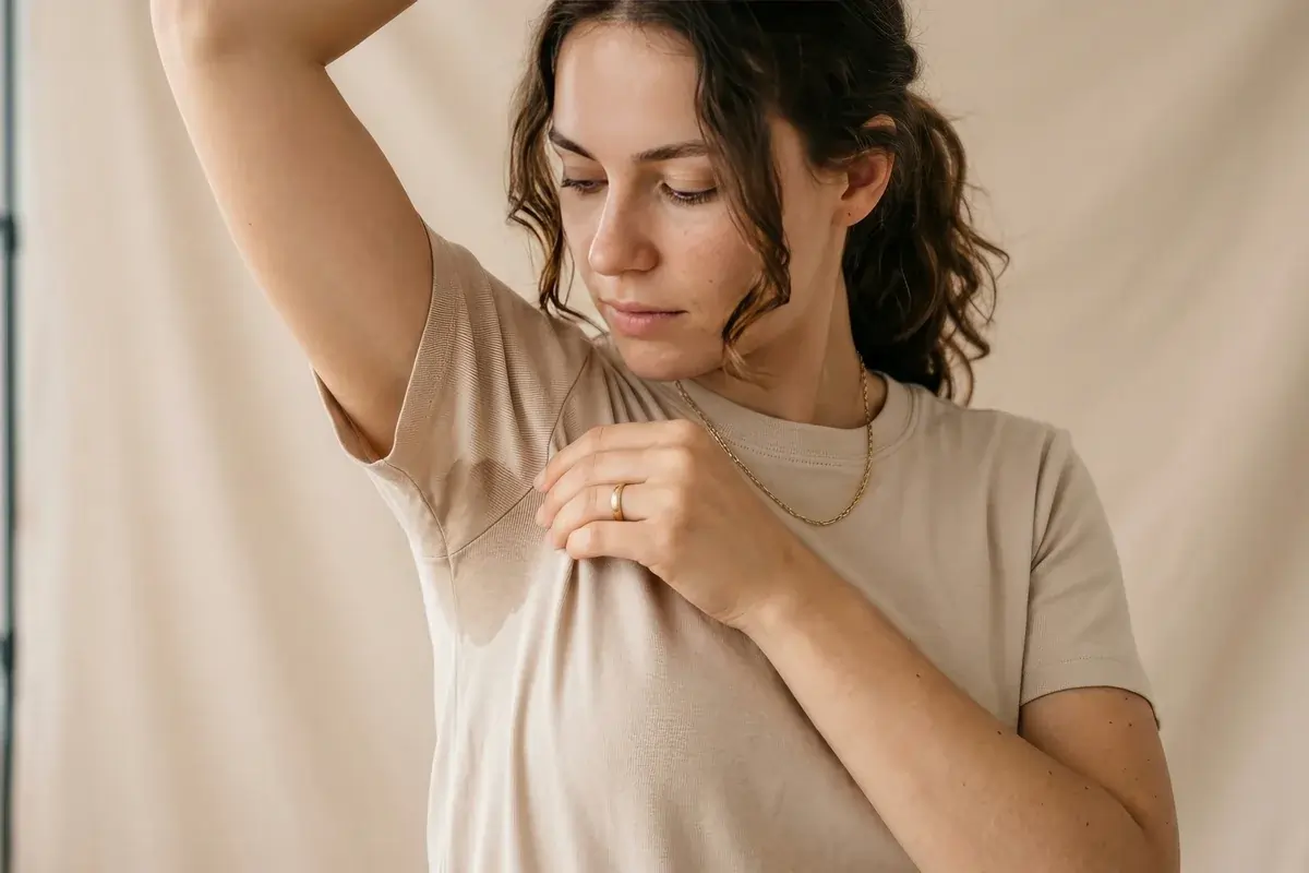 Woman checking underarm sweat before Botox treatment for Hyperhidrosis